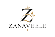 A centered elegant logo on a white background featuring a stylized black letter Z with a gold crown, leaf, and swoosh, above the word ZANAVEELE in black serif text with a small gold star accent below.